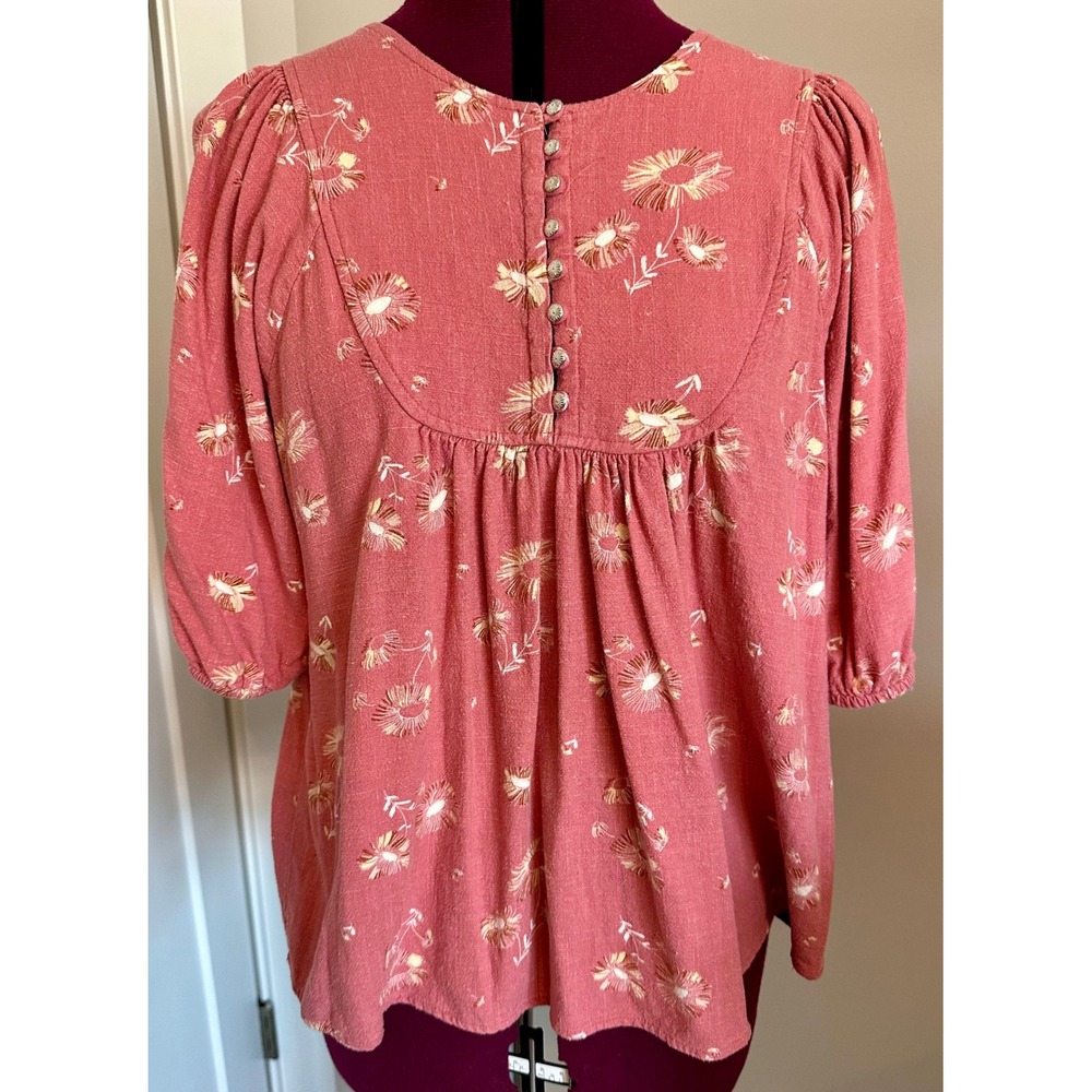 Wonderly Womens Coral Floral Linen Blend Puff Sleeve Button Front Blouse Medium - Picture 2 of 9